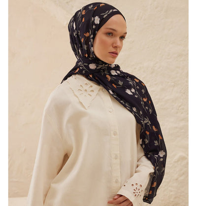 Modefa Shawl Navy Rami Lightweight Hijab Shawl Soft Flowers - Navy Blue