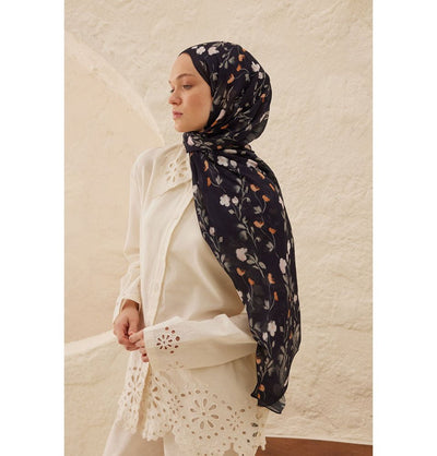Modefa Shawl Navy Rami Lightweight Hijab Shawl Soft Flowers - Navy Blue