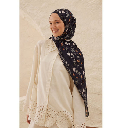 Modefa Shawl Navy Rami Lightweight Hijab Shawl Soft Flowers - Navy Blue