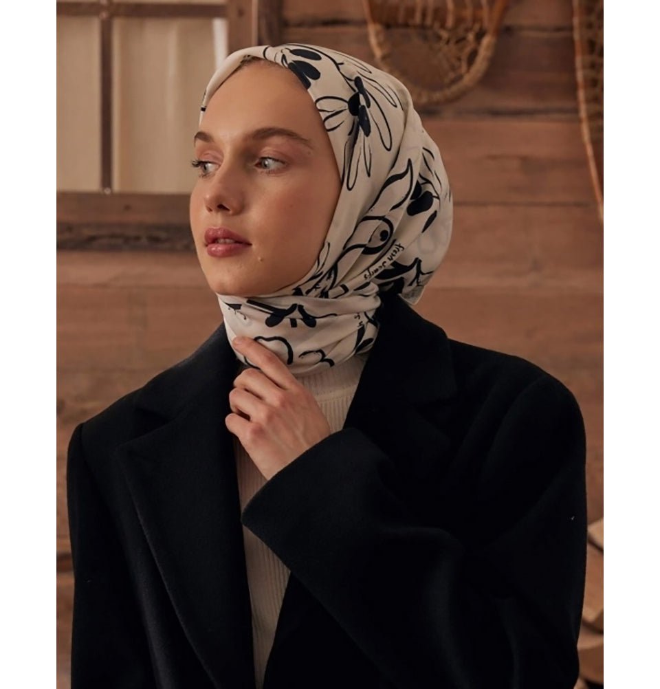 Modefa Shawl Olive Branch White Patterned Viscose Cotton Square Hijab - Olive Branch White