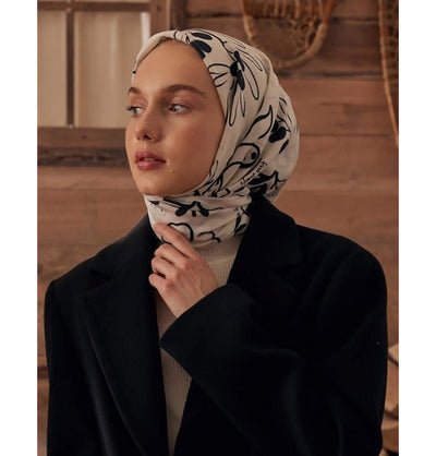 Modefa Shawl Olive Branch White Patterned Viscose Cotton Square Hijab - Olive Branch White