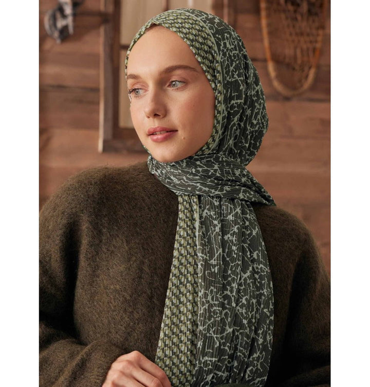 Mixed Pattern Crinkle Cotton Hijab Shawl - Olive Green