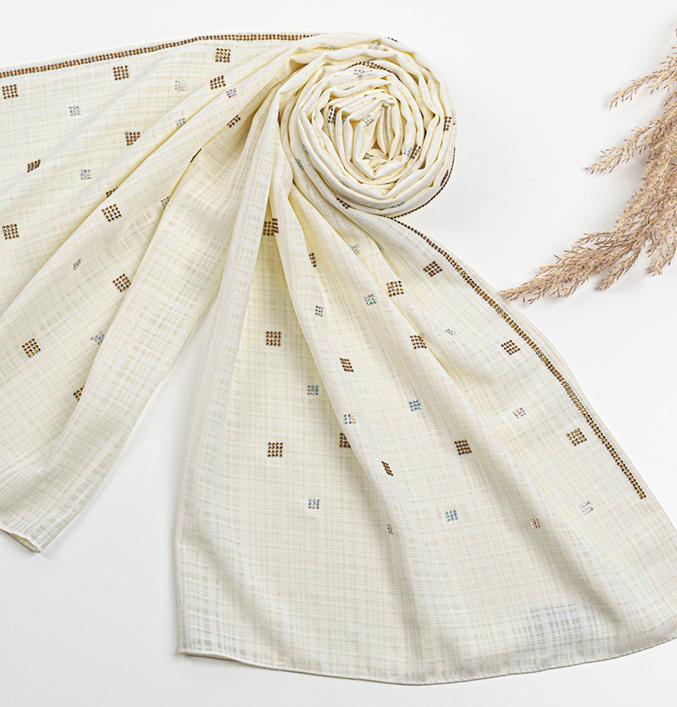Modefa Shawl Pale Beige Grid Patterned Chiffon with Rhinestone Shawl Hijab - Pale Beige