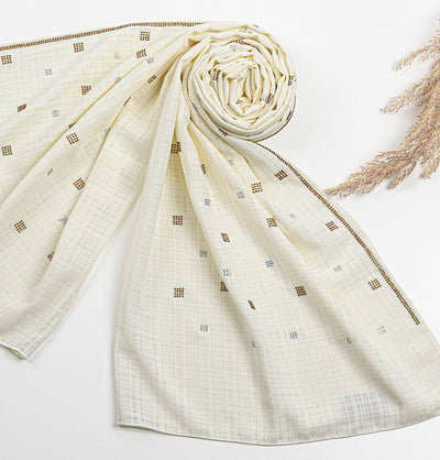 Modefa Shawl Pale Beige Grid Patterned Chiffon with Rhinestone Shawl Hijab - Pale Beige