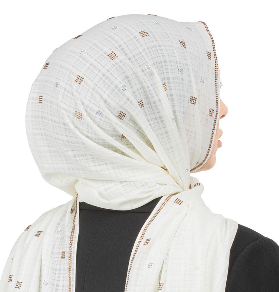 Modefa Shawl Pale Beige Grid Patterned Chiffon with Rhinestone Shawl Hijab - Pale Beige