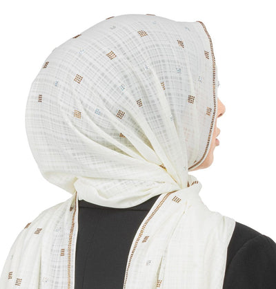 Modefa Shawl Pale Beige Grid Patterned Chiffon with Rhinestone Shawl Hijab - Pale Beige