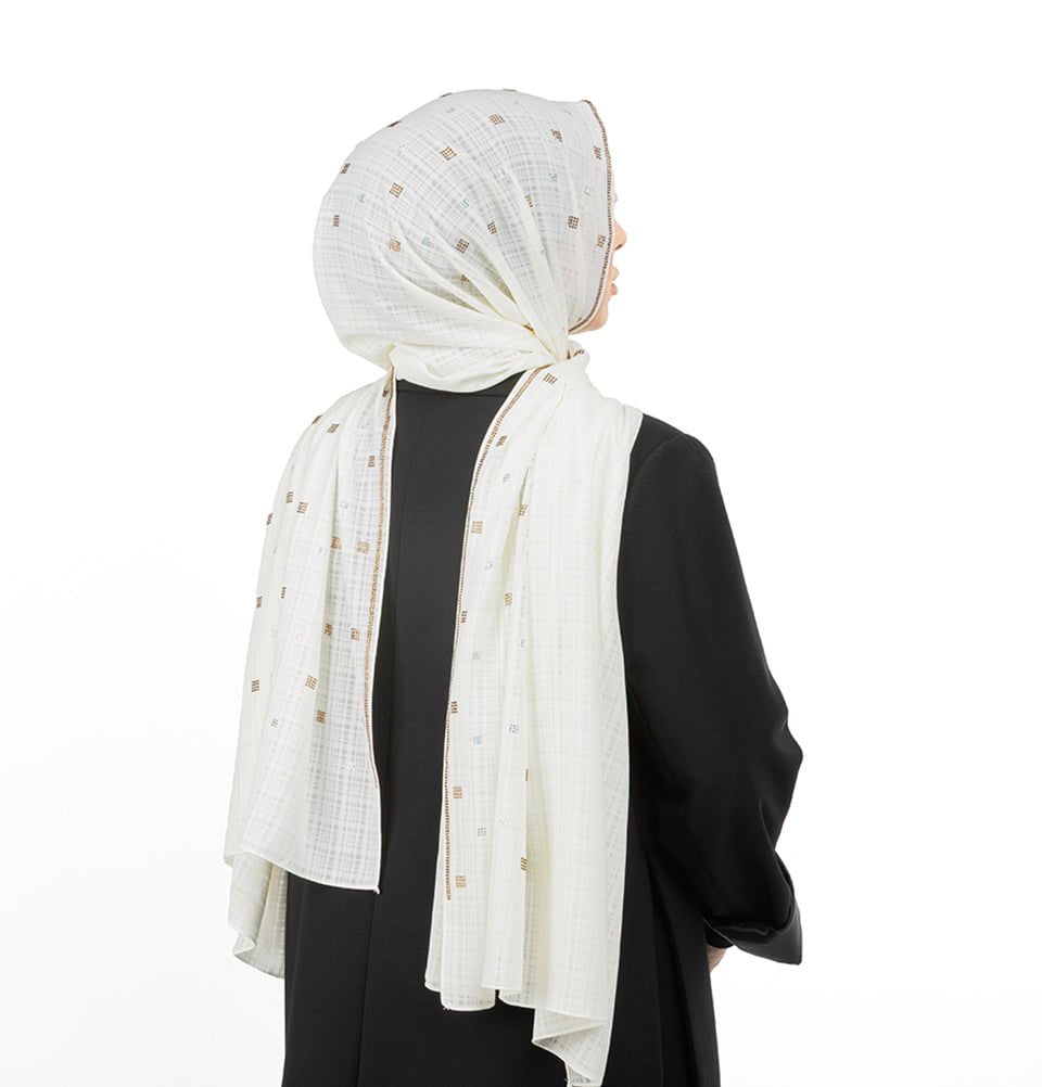 Modefa Shawl Pale Beige Grid Patterned Chiffon with Rhinestone Shawl Hijab - Pale Beige