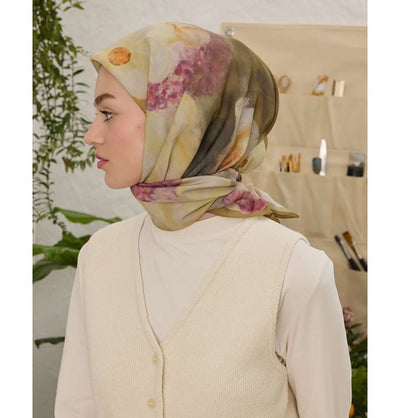 Modefa Shawl Petal Strokes Green Patterned Viscose Cotton Square Hijab - Petal Strokes Green