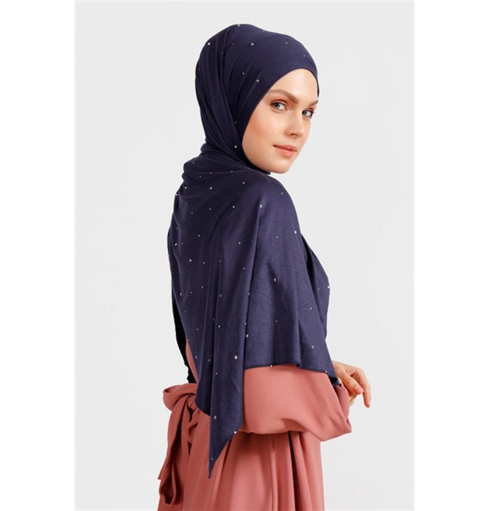 Modefa Shawl Rhinestone Droplets Soft Jersey Hijab Shawl - Navy Blue