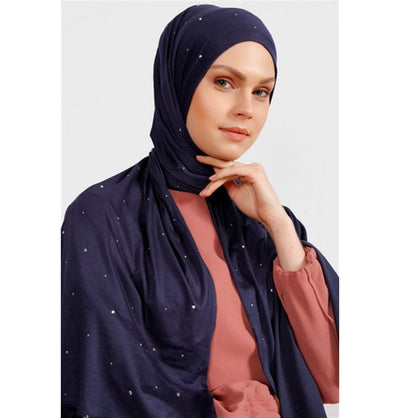 Modefa Shawl Rhinestone Droplets Soft Jersey Hijab Shawl - Navy Blue