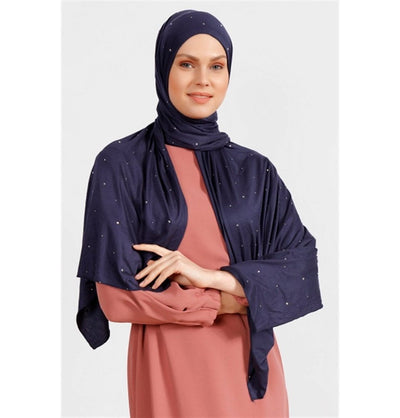 Modefa Shawl Rhinestone Droplets Soft Jersey Hijab Shawl - Navy Blue
