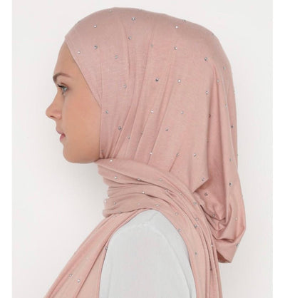 Modefa Shawl Rhinestone Droplets Soft Jersey Hijab Shawl - Pink
