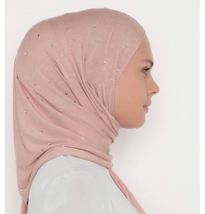 Modefa Shawl Rhinestone Droplets Soft Jersey Hijab Shawl - Pink