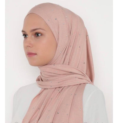Modefa Shawl Rhinestone Droplets Soft Jersey Hijab Shawl - Pink