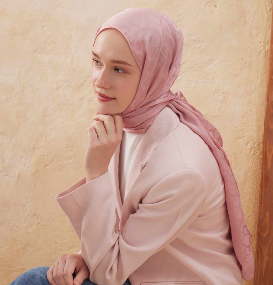 Modefa Shawl Rose Diamond Jacquard Satin Hijab Shawl - Rose