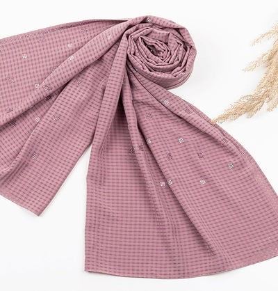 Modefa Shawl Rose Pink Grid Patterned Chiffon with Rhinestone Shawl Hijab - Rose Pink