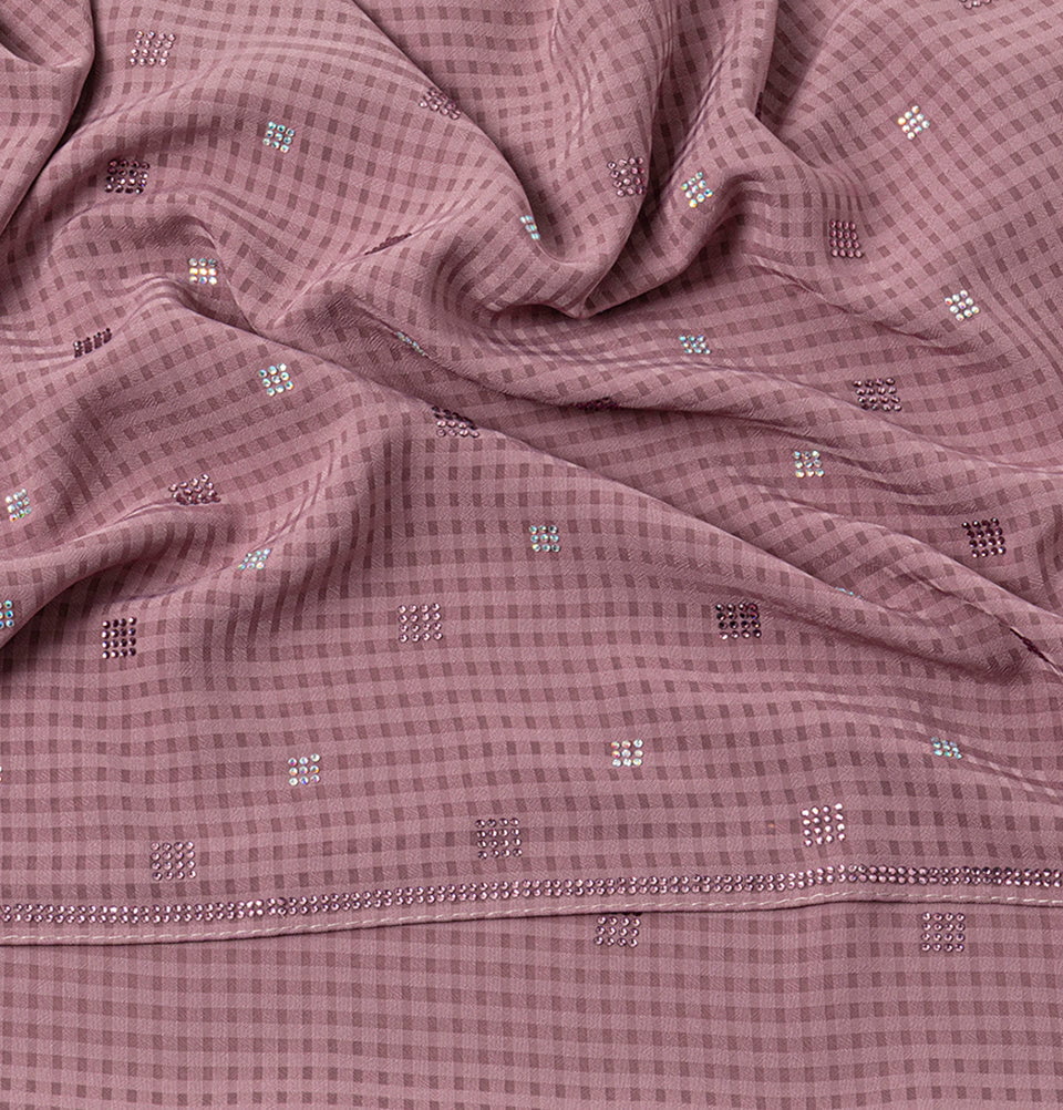Modefa Shawl Rose Pink Grid Patterned Chiffon with Rhinestone Shawl Hijab - Rose Pink