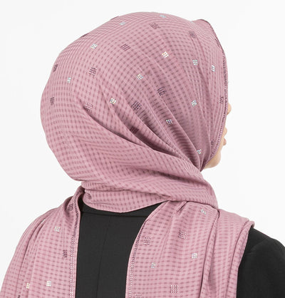 Modefa Shawl Rose Pink Grid Patterned Chiffon with Rhinestone Shawl Hijab - Rose Pink