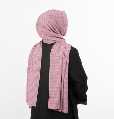 Modefa Shawl Rose Pink Grid Patterned Chiffon with Rhinestone Shawl Hijab - Rose Pink
