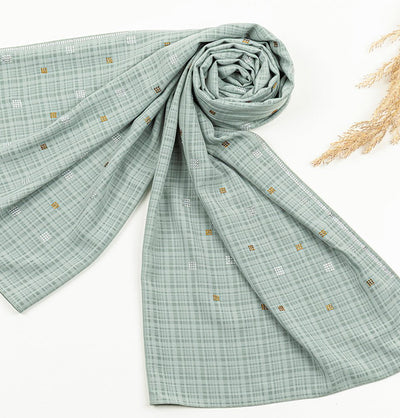 Modefa Shawl Sage Green Grid Patterned Chiffon with Rhinestone Shawl Hijab - Sage Green