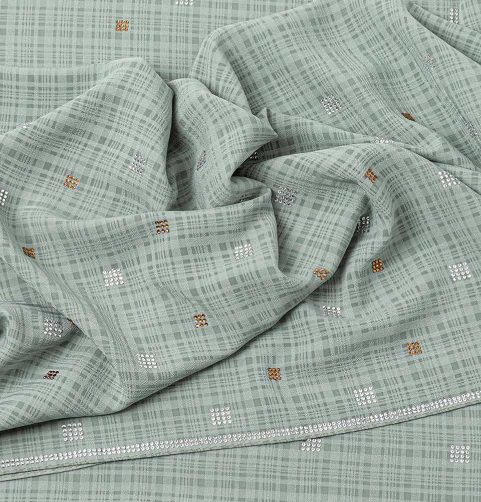 Modefa Shawl Sage Green Grid Patterned Chiffon with Rhinestone Shawl Hijab - Sage Green