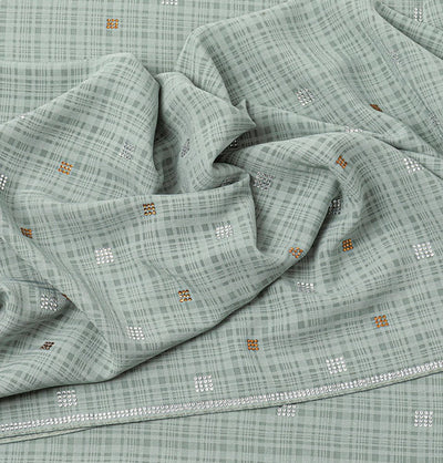 Modefa Shawl Sage Green Grid Patterned Chiffon with Rhinestone Shawl Hijab - Sage Green