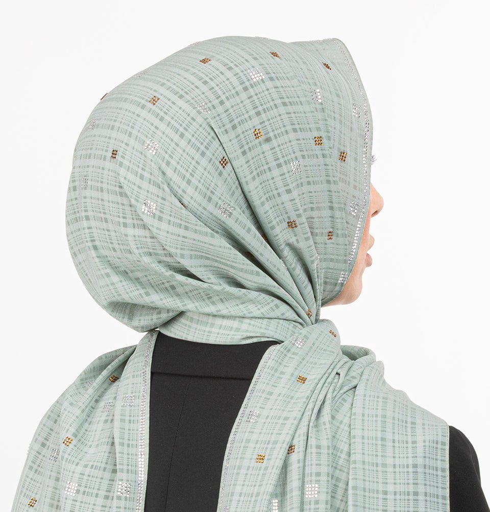 Modefa Shawl Sage Green Grid Patterned Chiffon with Rhinestone Shawl Hijab - Sage Green