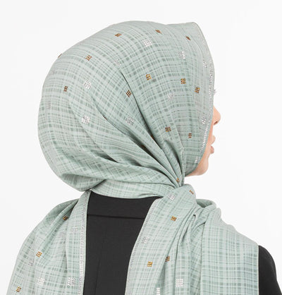Modefa Shawl Sage Green Grid Patterned Chiffon with Rhinestone Shawl Hijab - Sage Green