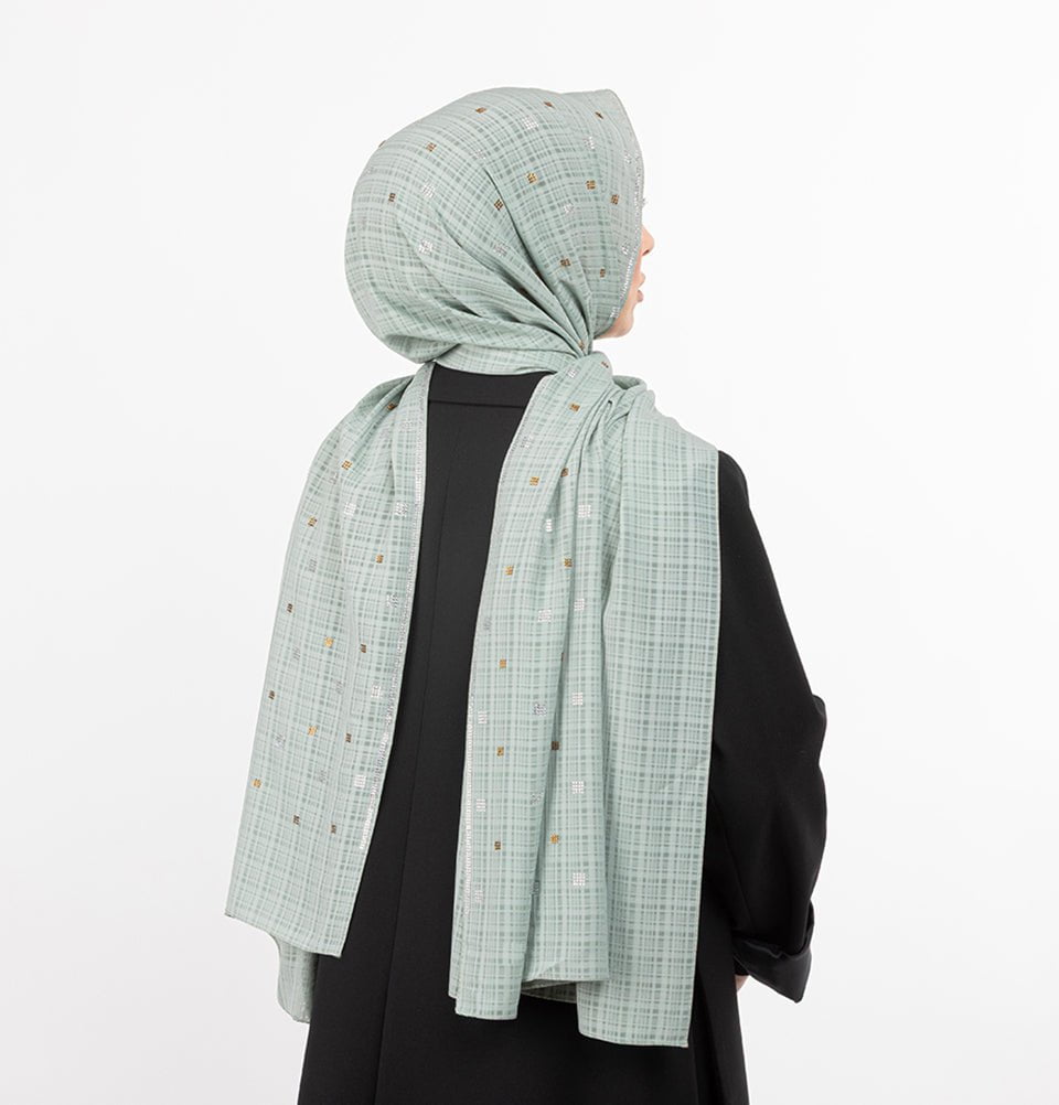 Modefa Shawl Sage Green Grid Patterned Chiffon with Rhinestone Shawl Hijab - Sage Green