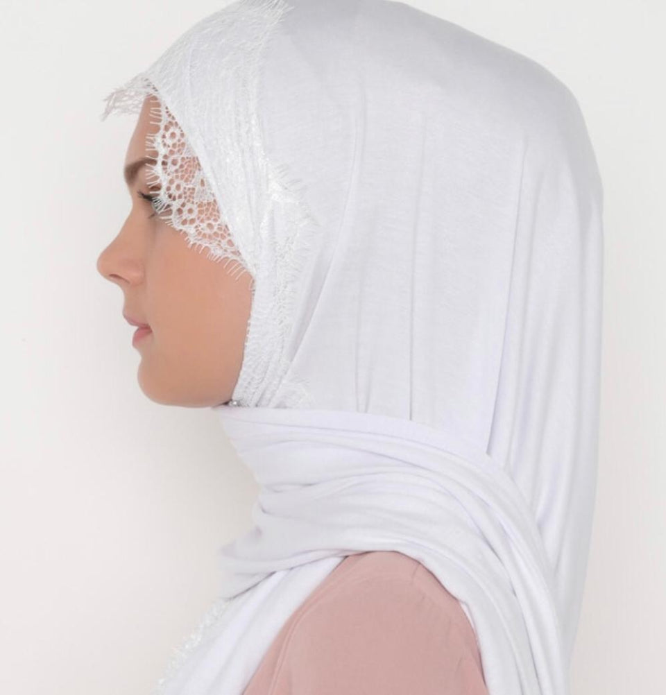 Modefa Shawl White Elegant Lace-Trim Hijab Shawl - White