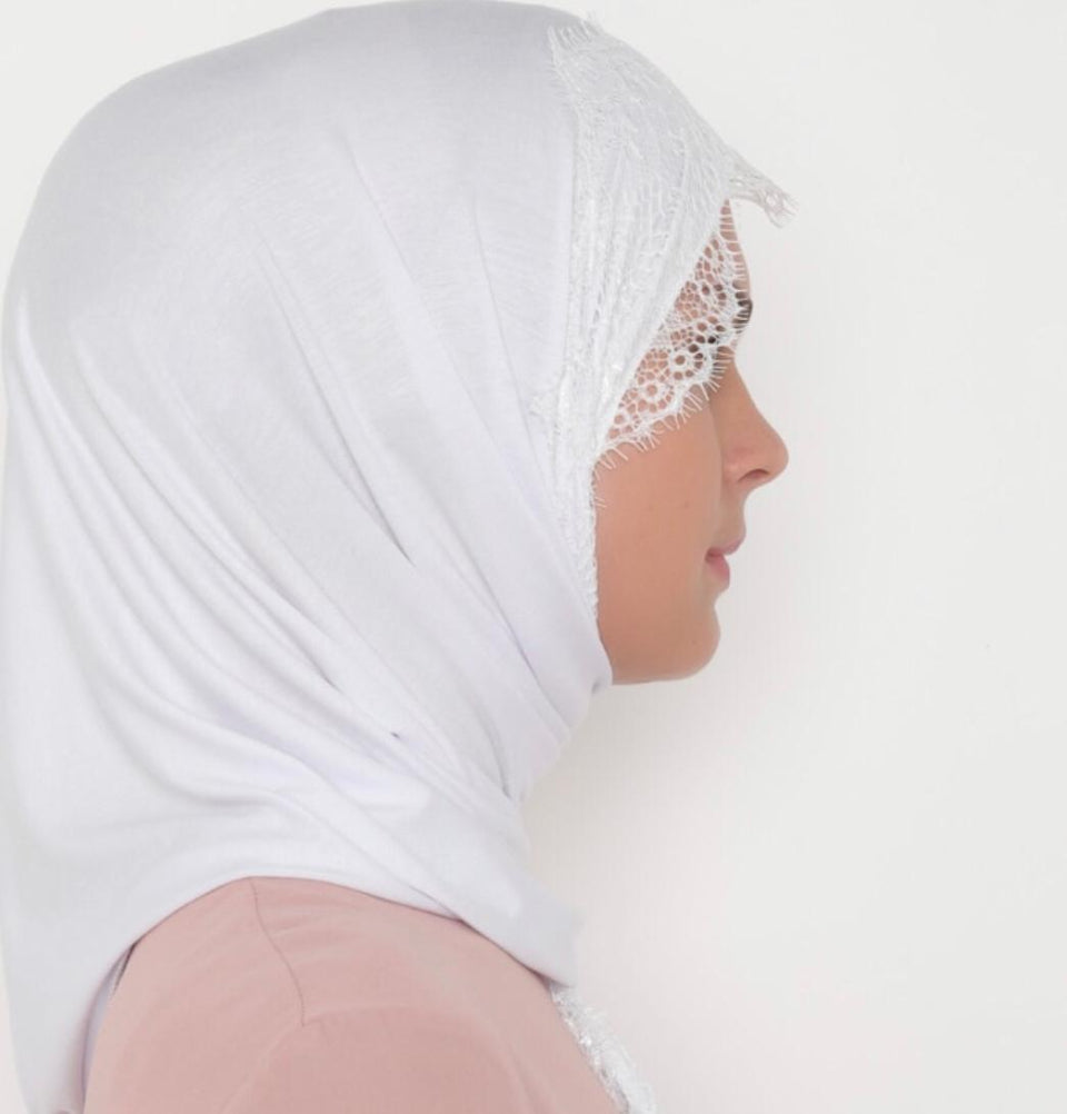 Modefa Shawl White Elegant Lace-Trim Hijab Shawl - White