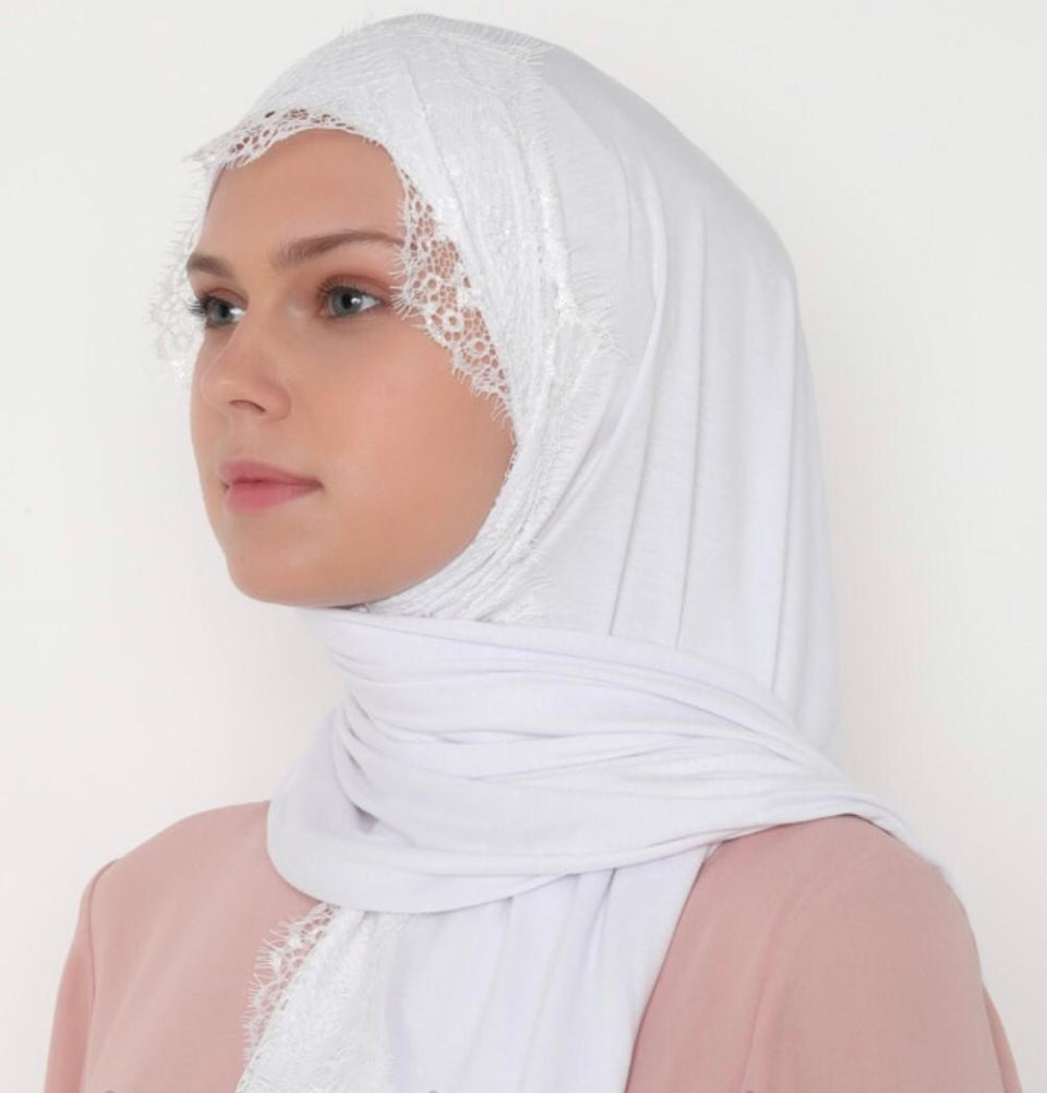 Modefa Shawl White Elegant Lace-Trim Hijab Shawl - White