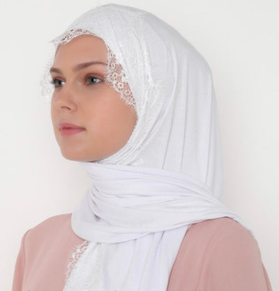 Modefa Shawl White Elegant Lace-Trim Hijab Shawl - White
