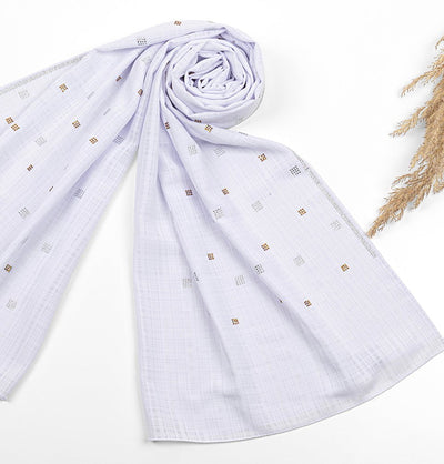 Modefa Shawl White Grid Patterned Chiffon with Rhinestone Shawl Hijab - White