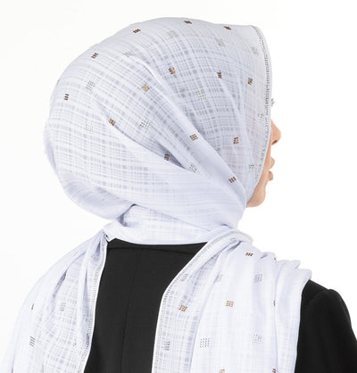 Modefa Shawl White Grid Patterned Chiffon with Rhinestone Shawl Hijab - White