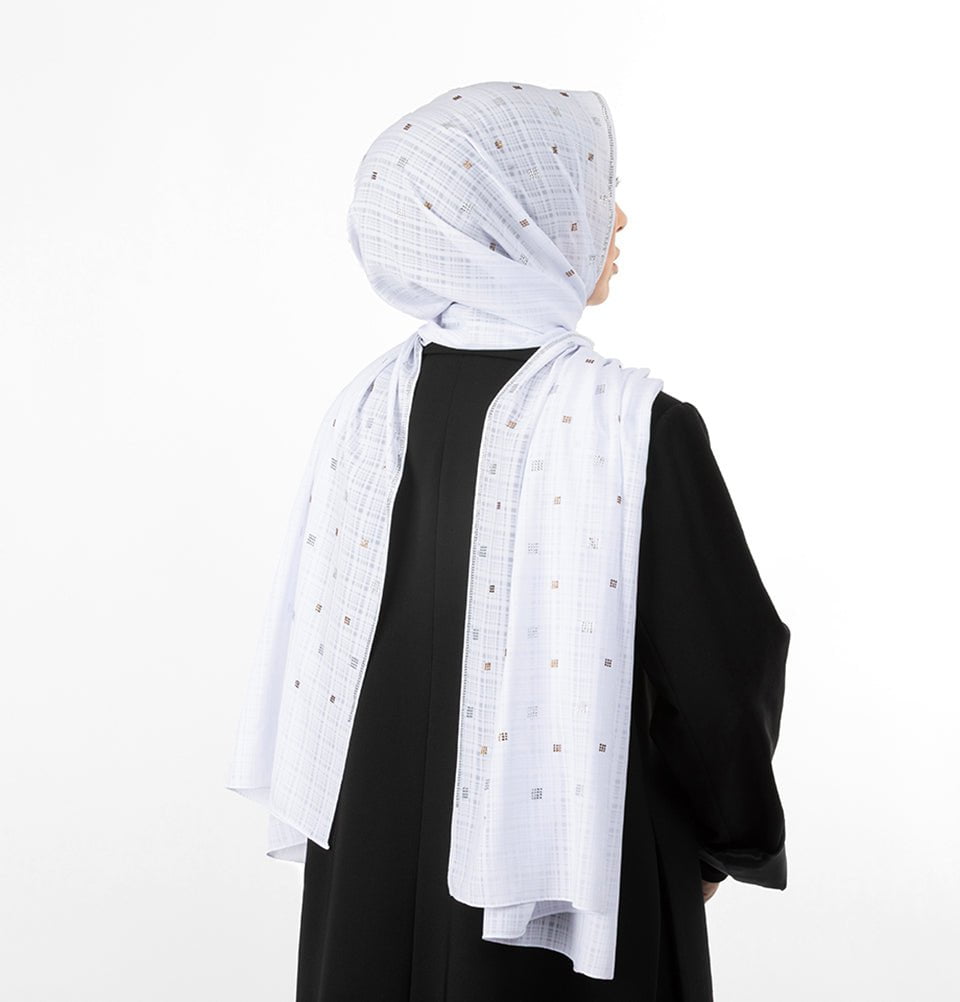 Modefa Shawl White Grid Patterned Chiffon with Rhinestone Shawl Hijab - White
