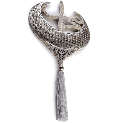 Modefa Silver Islamic Wall Hanging Decor With Tassel - Allah and Muhammad Crescent Set - Esma (Silver)