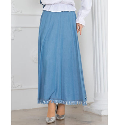 Modefa Skirt Modest Muslim Women’s A-Line Denim Maxi Skirt - M8948 Light Blue