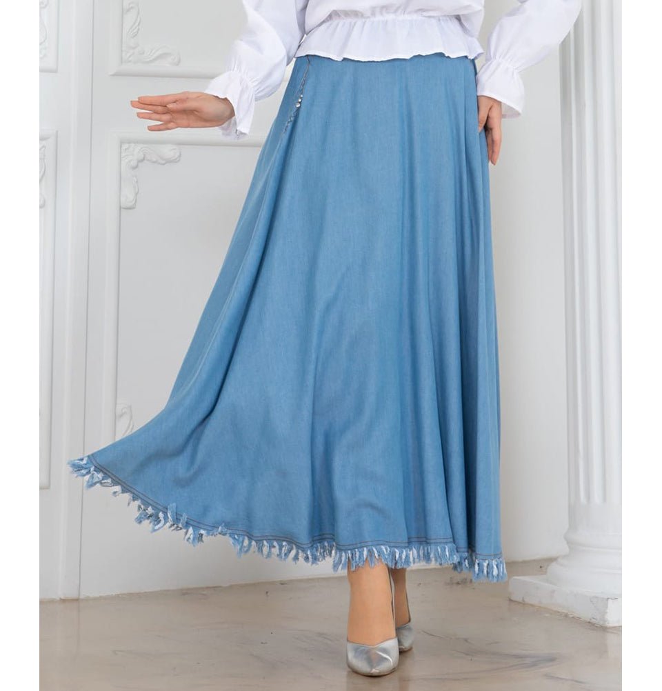 Modefa Skirt Modest Muslim Women’s A-Line Denim Maxi Skirt - M8948 Light Blue