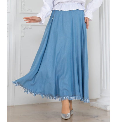 Modefa Skirt Modest Muslim Women’s A-Line Denim Maxi Skirt - M8948 Light Blue