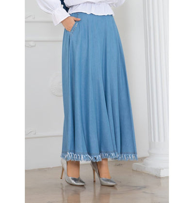 Modefa Skirt Modest Muslim Women’s A-Line Denim Maxi Skirt - M8948 Light Blue