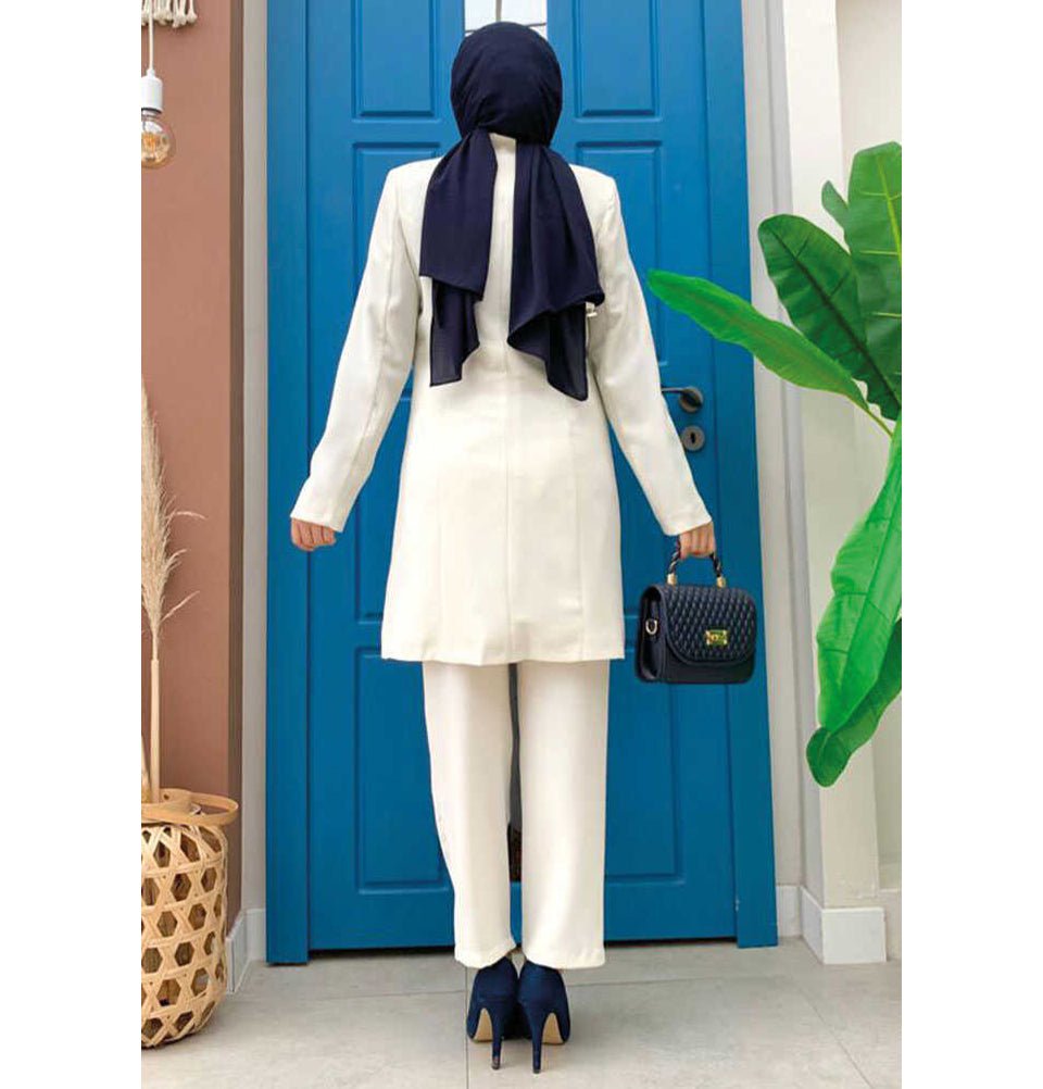 Modefa Modest Women's Relaxed Fit Blazer with Pants - Ivory Modefa Modest Women's Relaxed Fit Blazer with Pants - Ivory