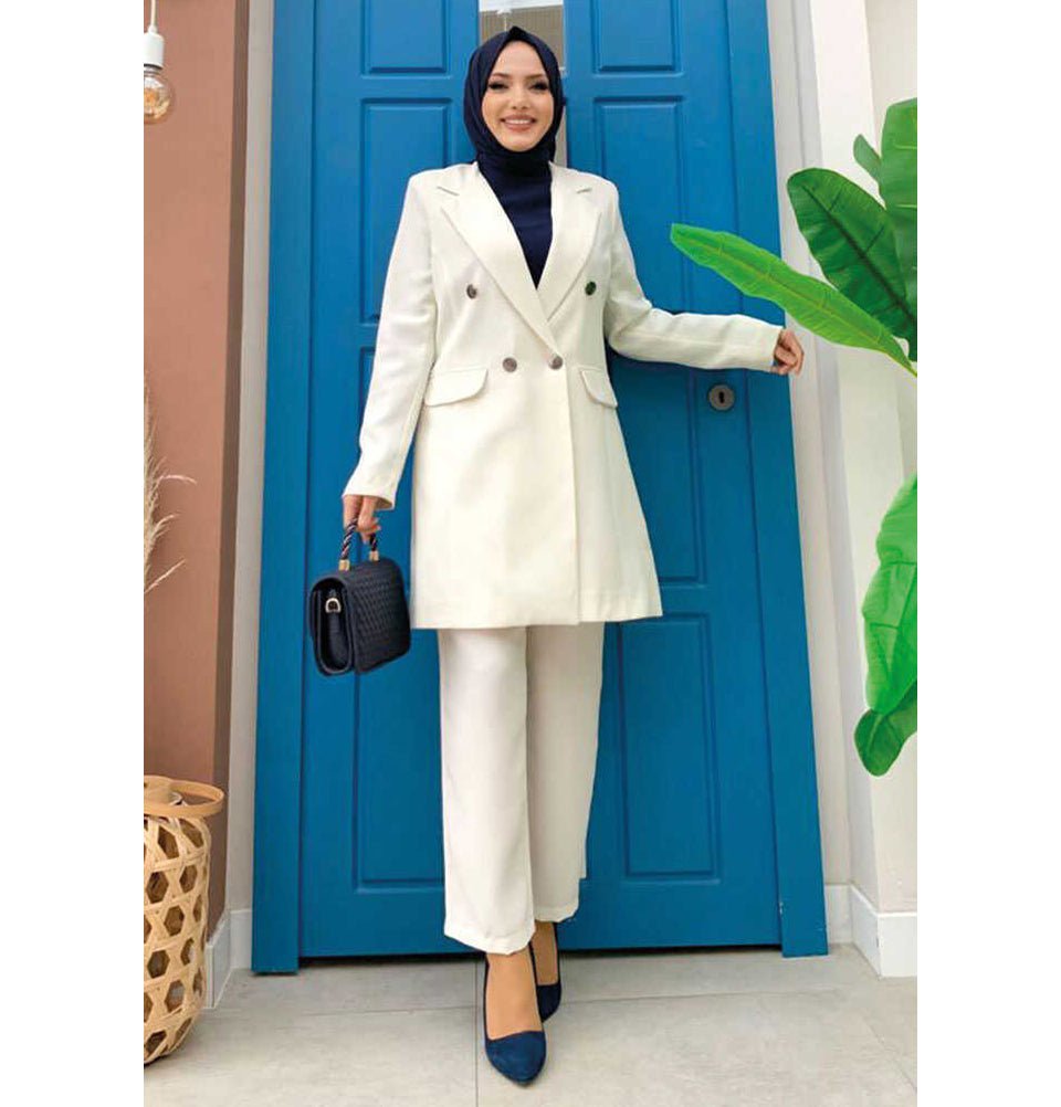 Modefa Modest Women's Relaxed Fit Blazer with Pants - Ivory Modefa Modest Women's Relaxed Fit Blazer with Pants - Ivory