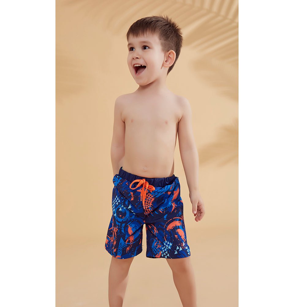 Modefa Swimsuit Boy's Modest Swim Shorts - MB2362 Geometric Blue & Orange