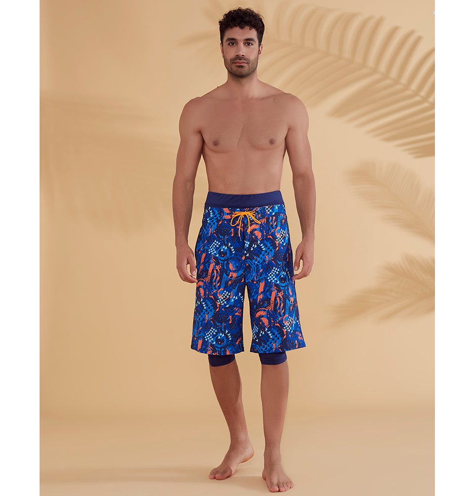 Modefa Swimsuit Men's Modest Swim Shorts - S2351 Geometric Blue & Orange