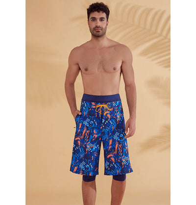 Modefa Swimsuit Men's Modest Swim Shorts - S2351 Geometric Blue & Orange