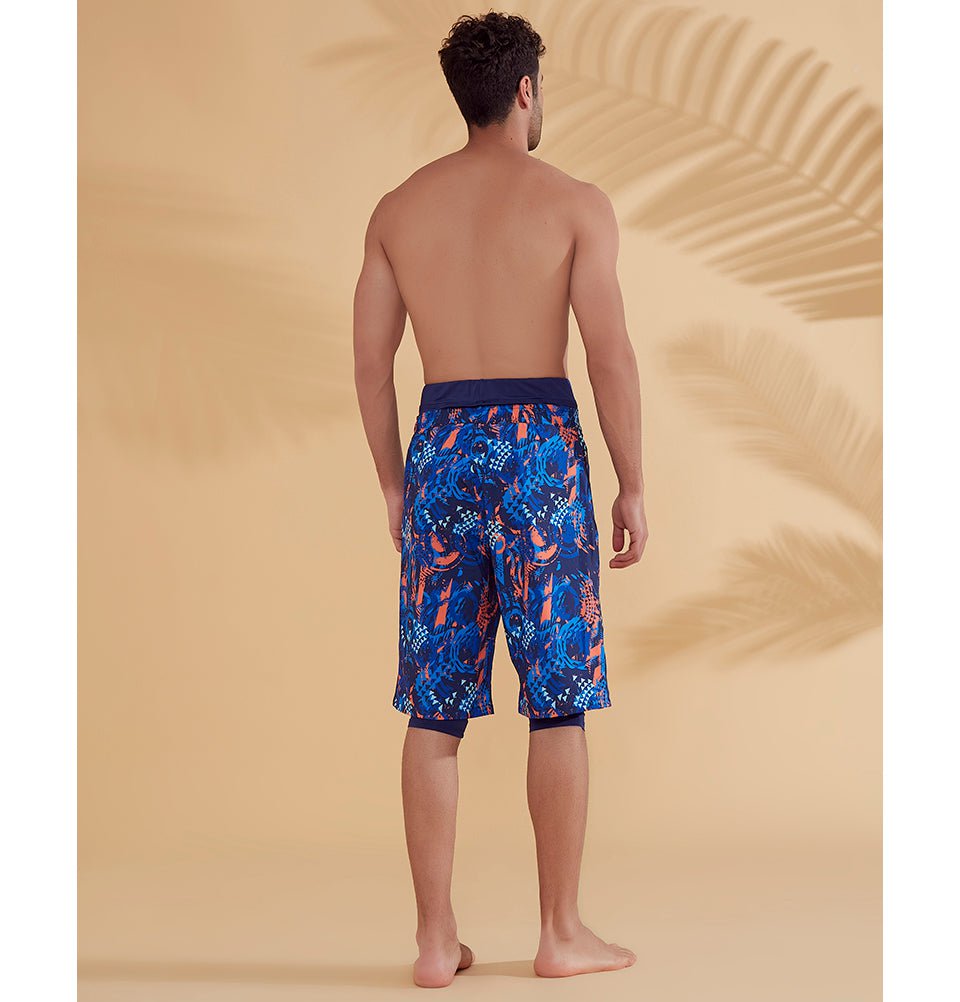 Modefa Swimsuit Men's Modest Swim Shorts - S2351 Geometric Blue & Orange