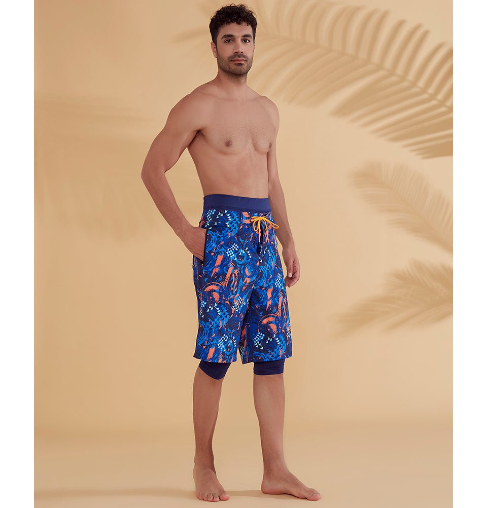 Modefa Swimsuit Men's Modest Swim Shorts - S2351 Geometric Blue & Orange