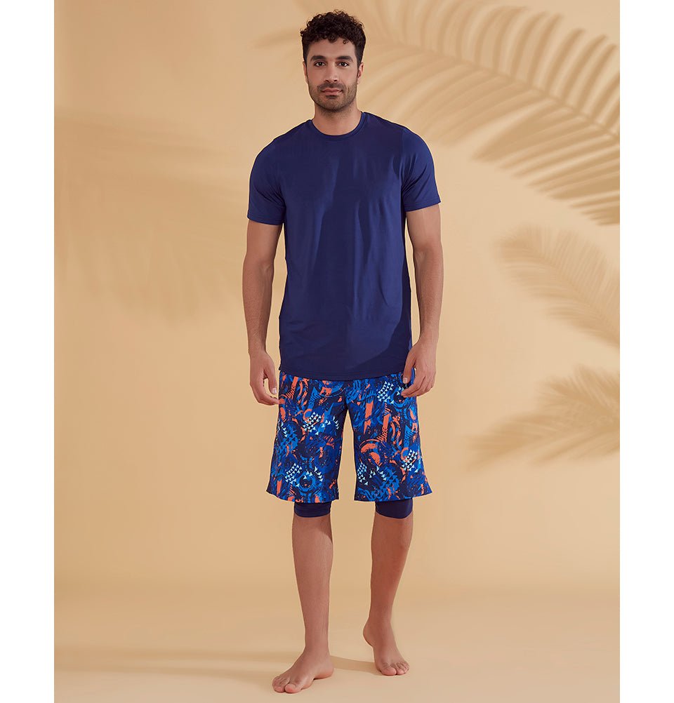 Modefa Swimsuit Men's Modest Swim Shorts - S2351 Geometric Blue & Orange