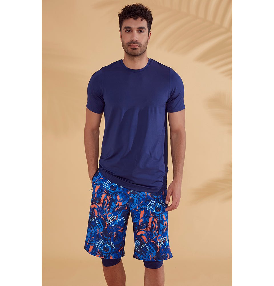 Modefa Swimsuit Men's Modest Swim Shorts - S2351 Geometric Blue & Orange